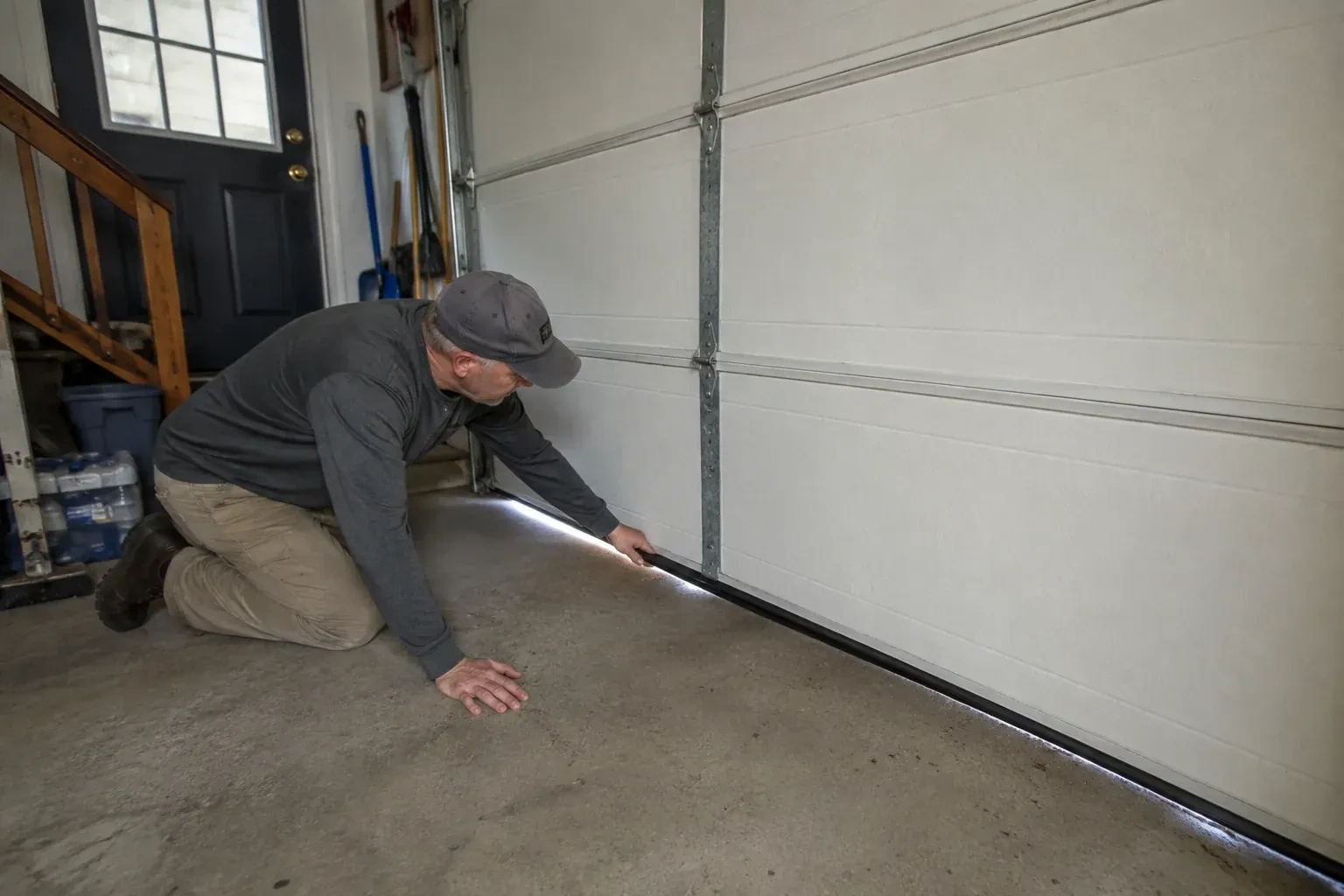 A person kneels beside the black bottom seal of a garage door, with daylight visible beneath the edge. — Garage Door Bottom Seal Replacement, Burlington