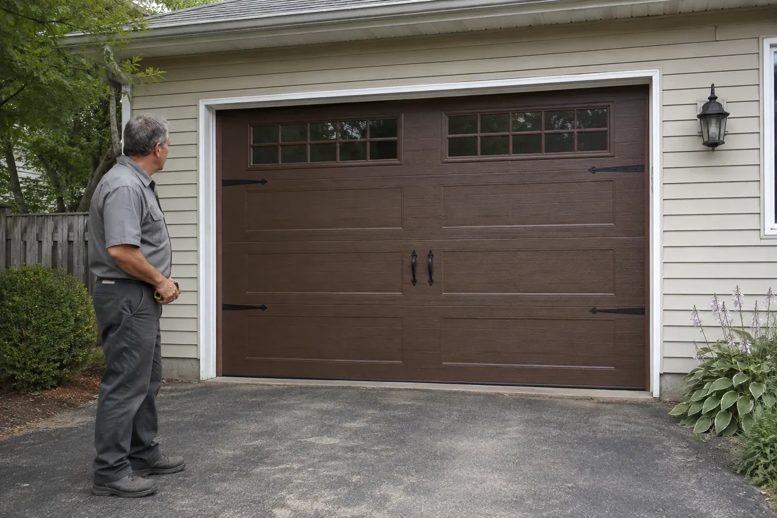 A person stands beside a closed brown garage door with upper windows and black decorative straps and handles. — Carriage-House Garage Door Installation, Burlington