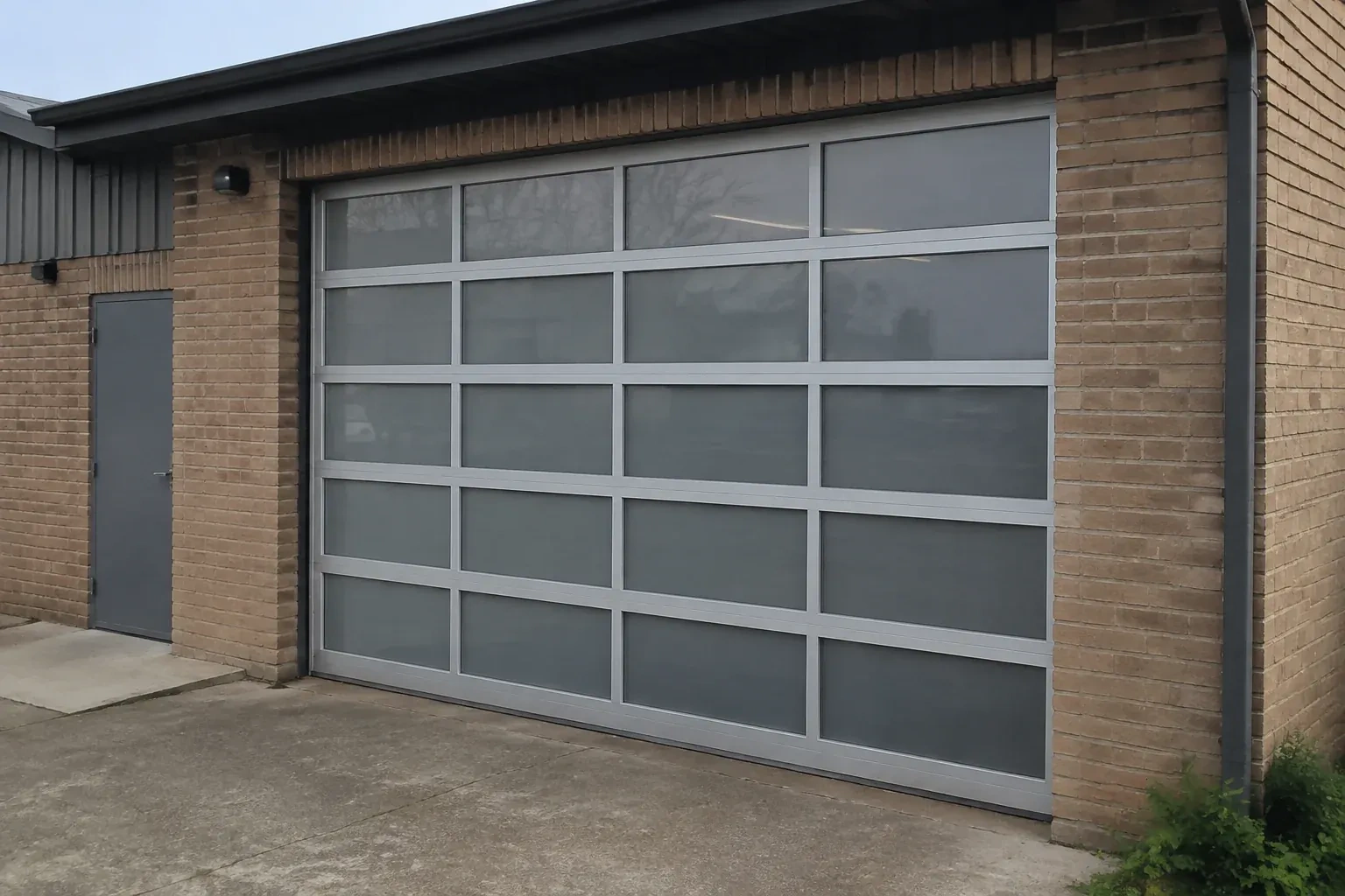 Closed glazed sectional door in a grey metal frame at a brick workshop. — Full-View Glass Garage Door Installation, Burlington