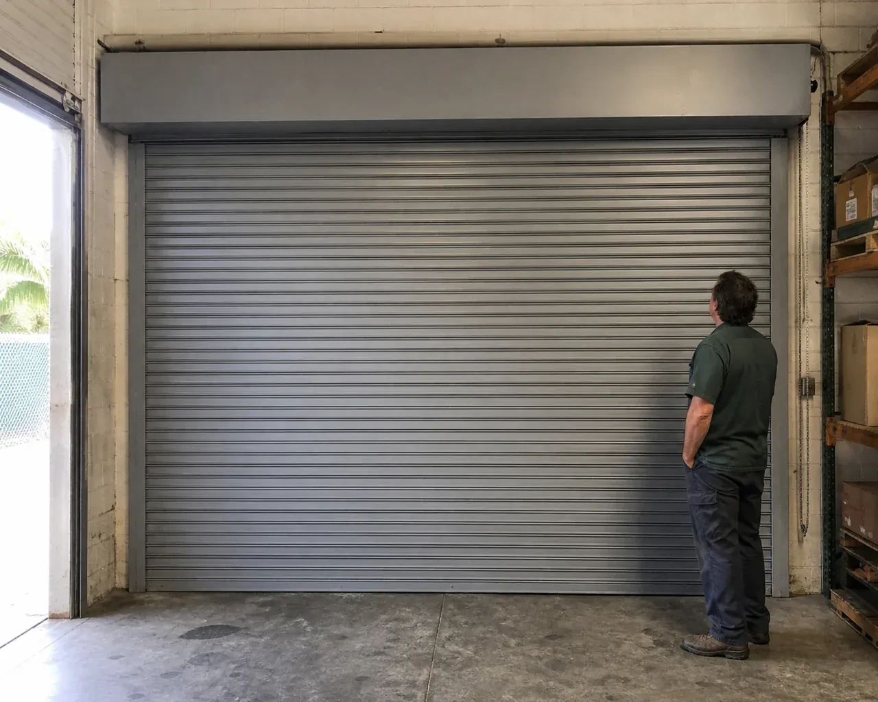 A person examines a closed metal rolling door with narrow horizontal slats, side guides and an overhead hood in a warehouse. — Commercial Rolling Door Repair, Burlington