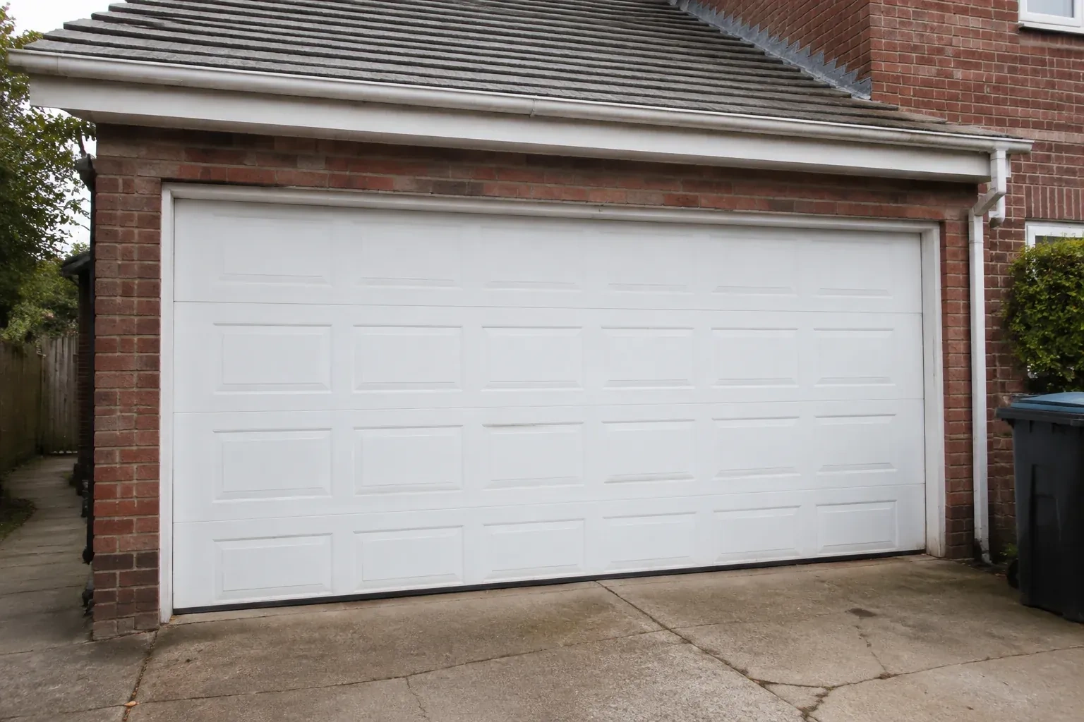 Closed white sectional garage door at an ordinary brick house. — Sectional Garage Door Replacement, Burlington