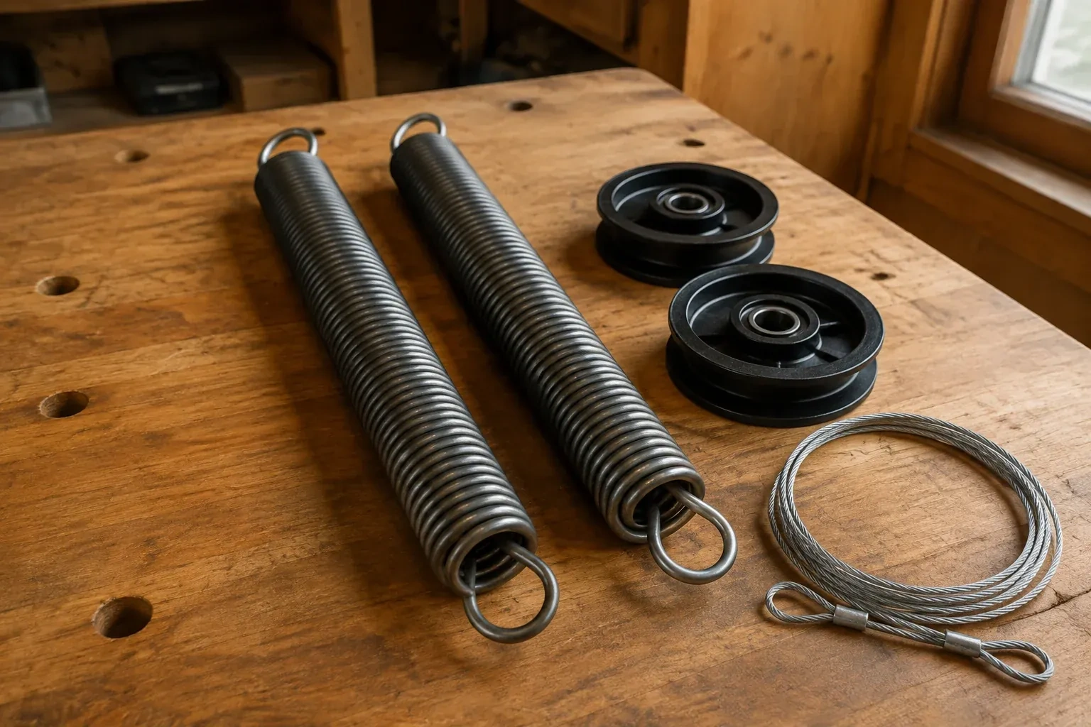 Two coiled extension springs with looped ends, two black pulleys and a loop of steel cable on a worn wooden workbench. — Extension Spring Replacement, Burlington