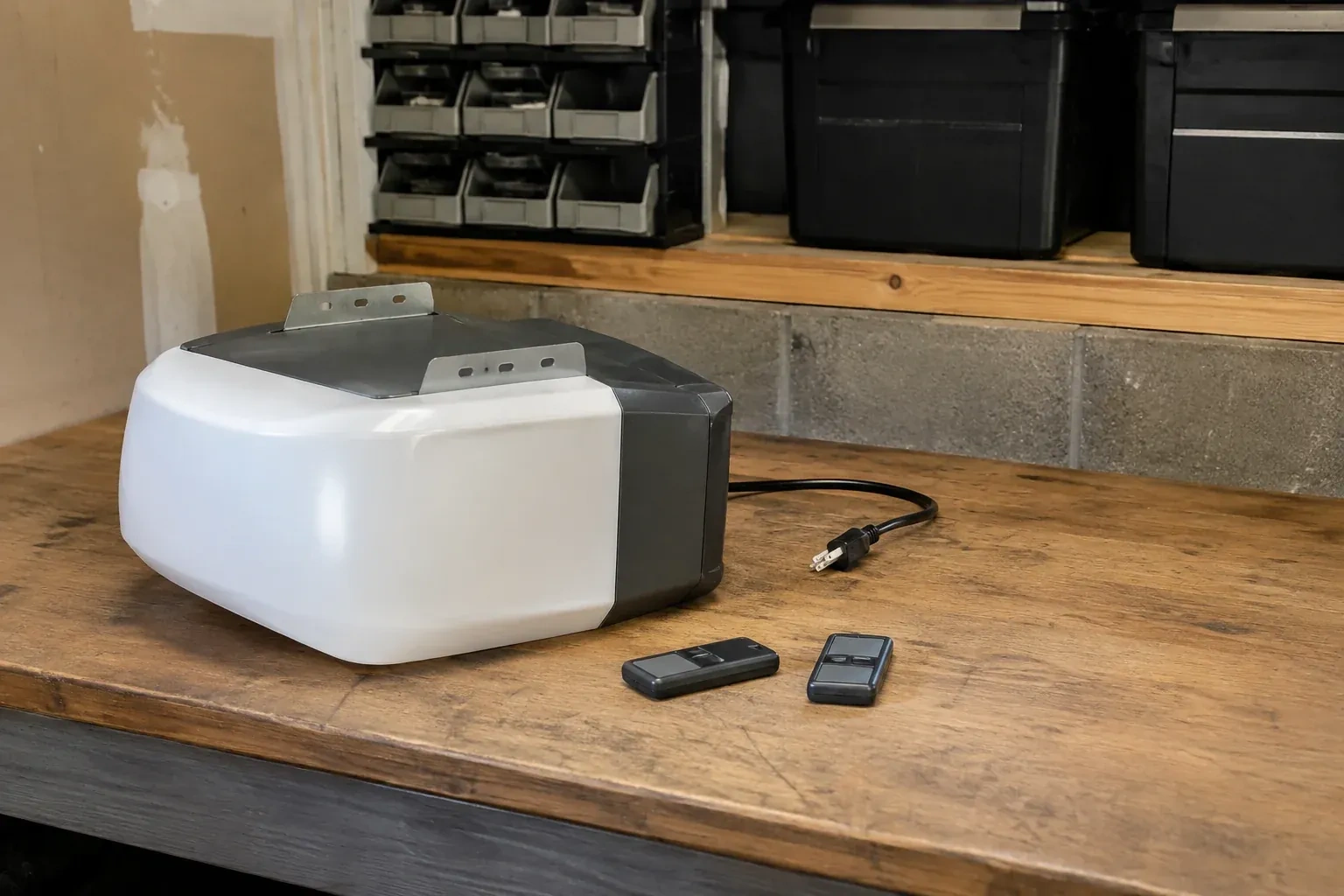 Detached opener housing and two remotes on a garage bench. — Garage Door Opener Replacement, Indian Point