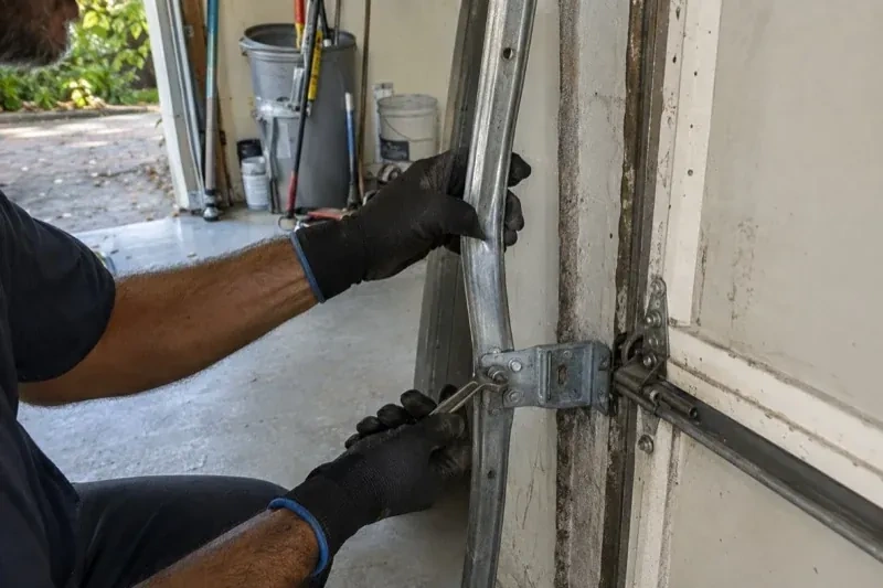 Gloved hands holding a vertical garage-door track and a wrench at its mounting bracket beside a door hinge. — Garage Door Track Repair or Replacement, Burlington