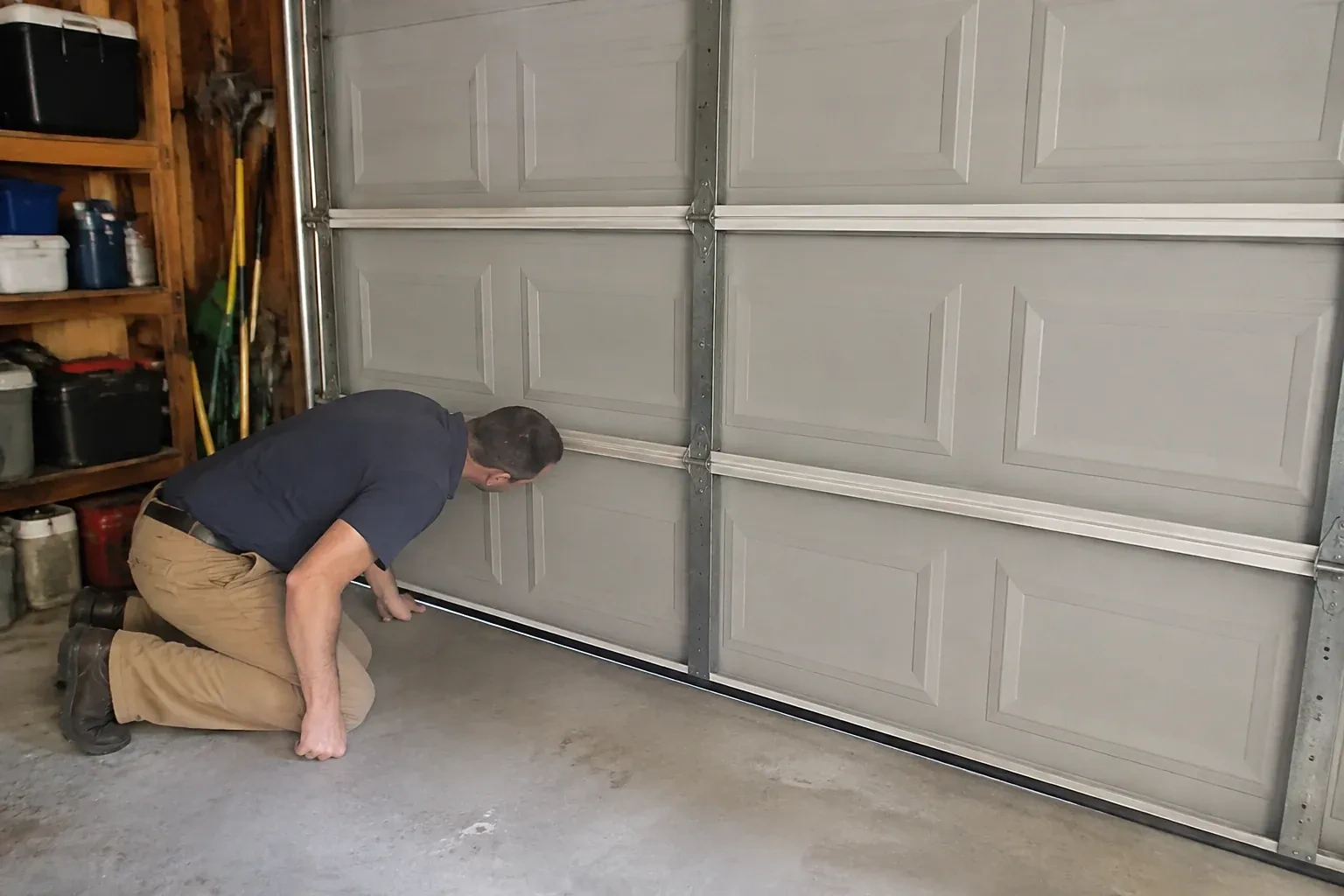 Person kneeling with a hand at the base of a gray paneled door that has a black strip along its bottom. — Garage Door Perimeter Weatherstrip, Burlington
