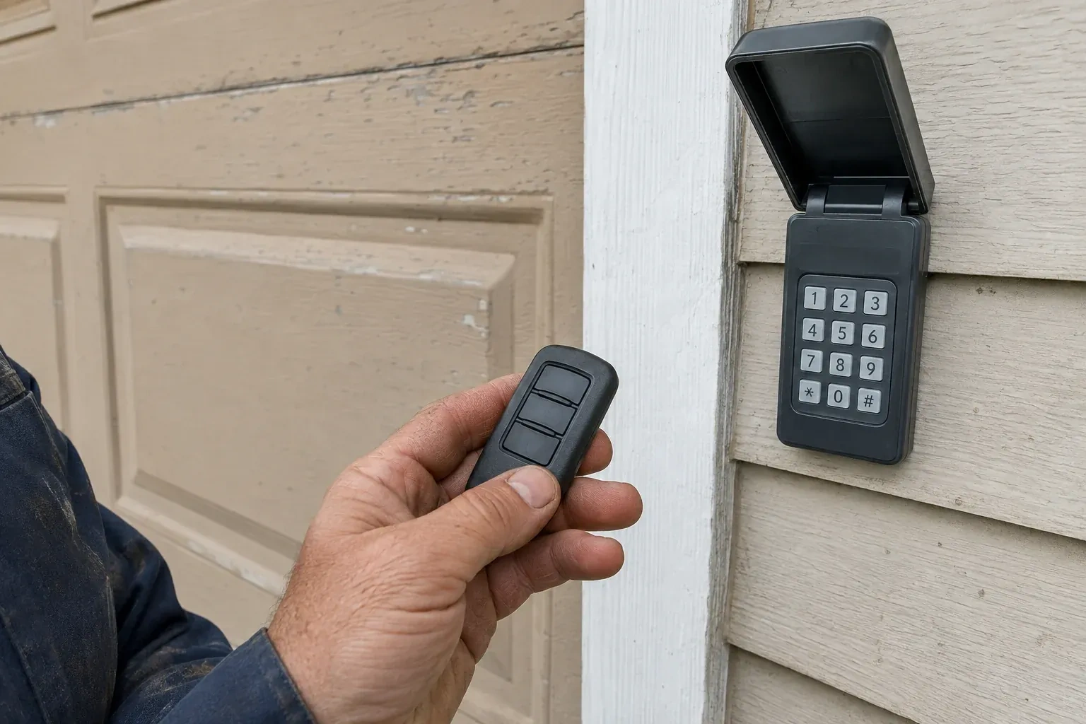 A hand holds a three-button remote beside an exterior garage keypad with its cover open. — Garage Door Remote and Keypad Programming, Maple