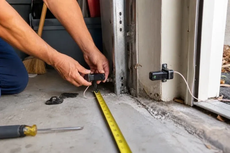 Hands holding a small wired device beside another mounted device and a tape measure at a garage-door opening — Photo-Eye Sensor Alignment or Replacement, Burlington