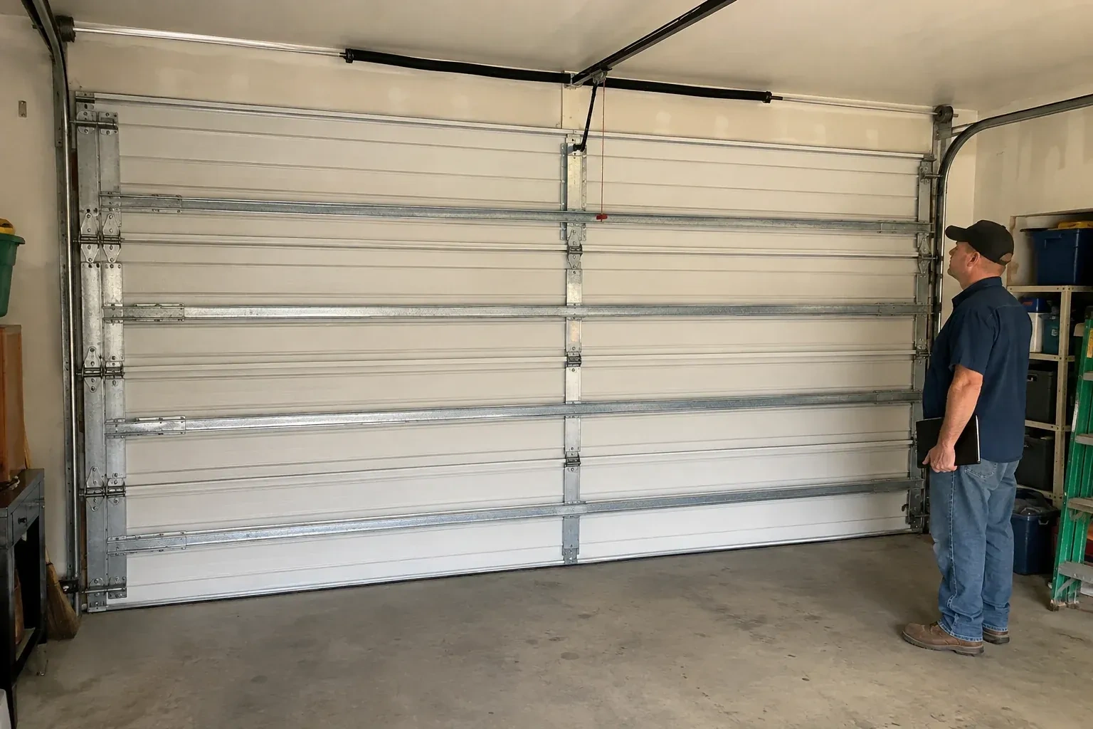 A person examines horizontal metal reinforcement members across the interior of a closed garage door. — Wind-Rated Garage Door Replacement, Burlington