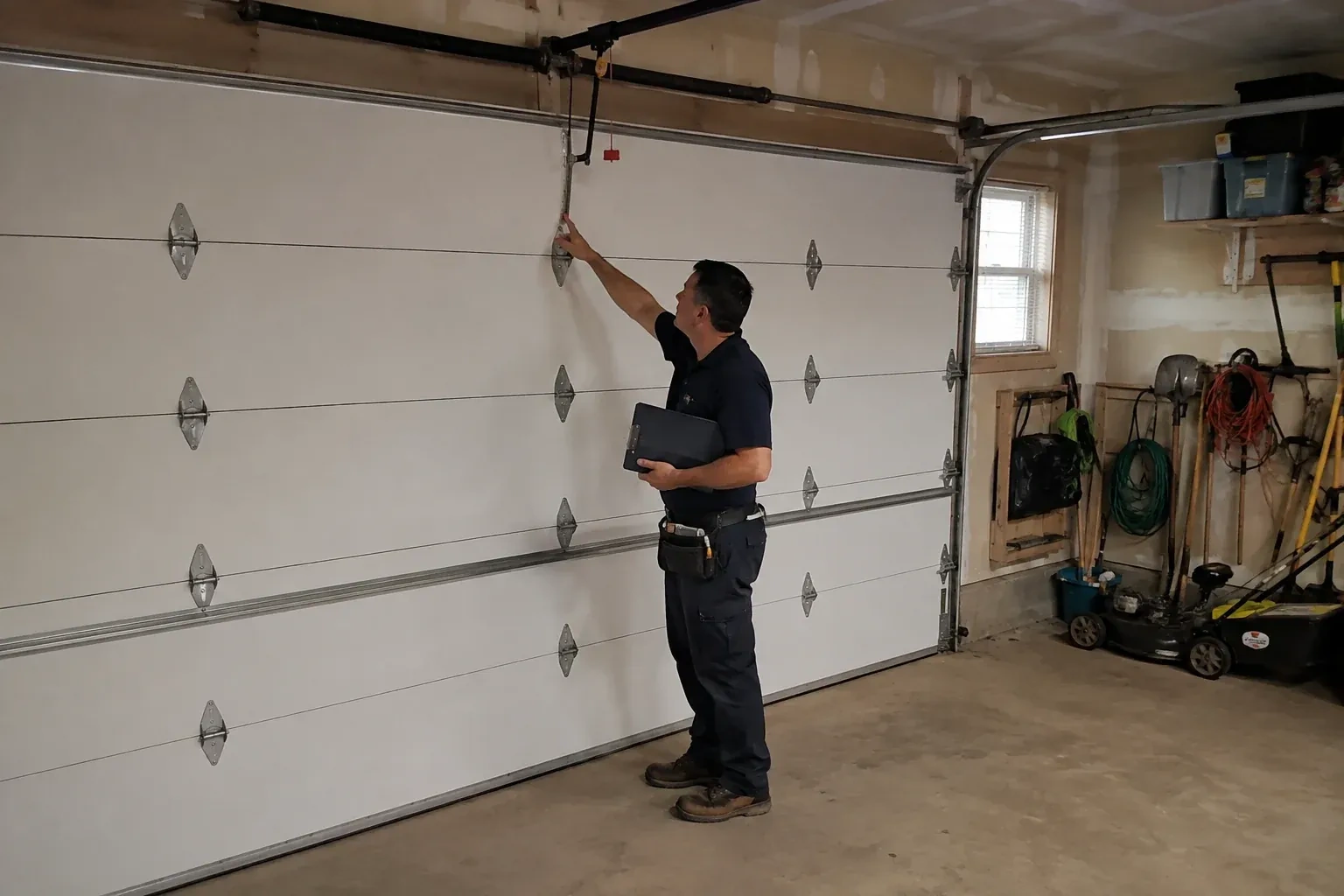 A person holding a clipboard examines the interior hardware of a closed garage door. — Garage Door Tune-Up, Burlington