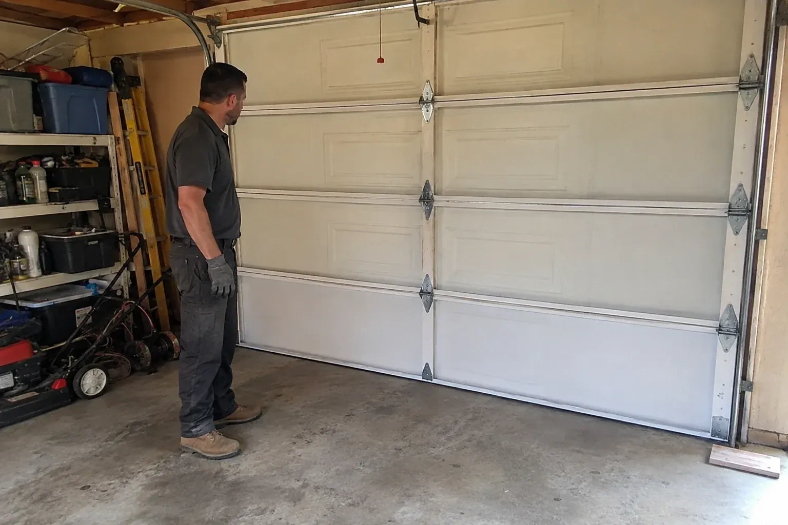 A person examines the interior panels and hinges of a closed sectional garage door. — Garage Door Panel Replacement, Burlington