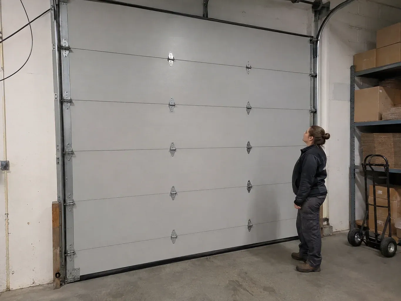 A person looks at a tall closed sectional door with broad panels, hinges and side tracks in a warehouse. — Commercial Sectional Door Repair, Burlington
