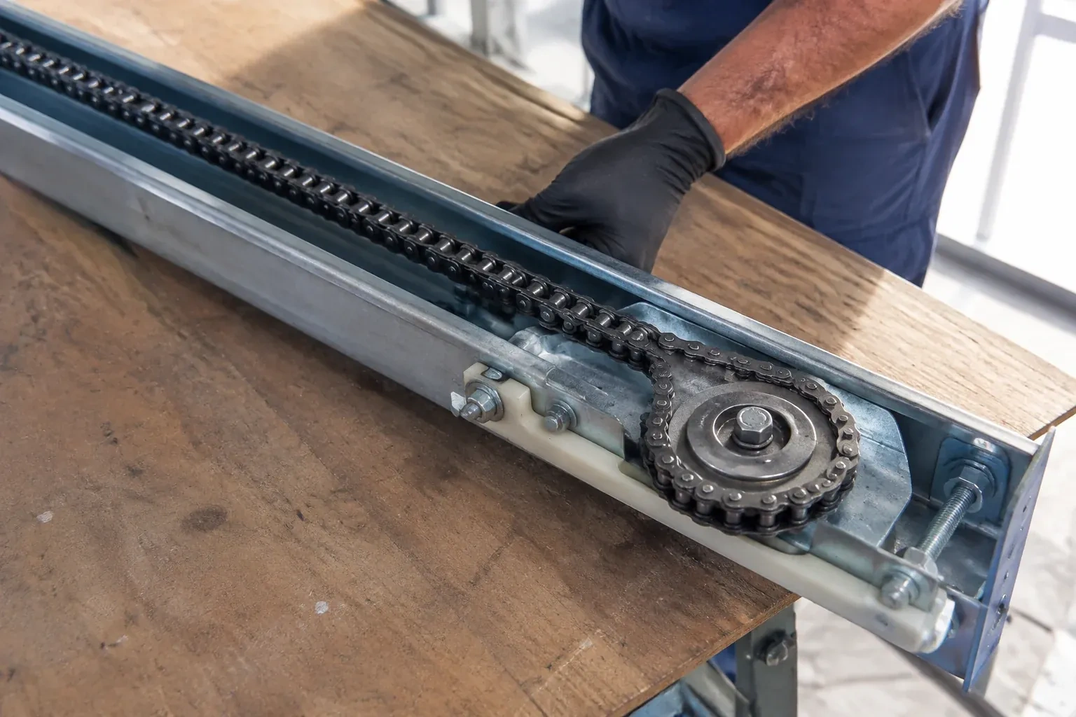 Gloved hand resting on a steel opener rail laid on a wooden bench, showing a drive chain looped around a sprocket wheel. — Chain-Drive Opener Repair, Indian Point