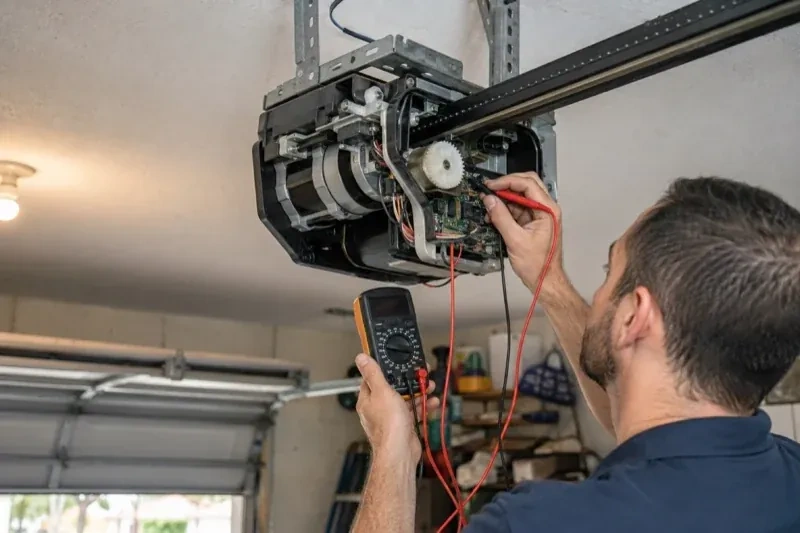 Person holding a multimeter and a red probe near the exposed circuit board of an overhead garage-door opener. — Garage Door Opener Diagnosis and Repair, Burlington
