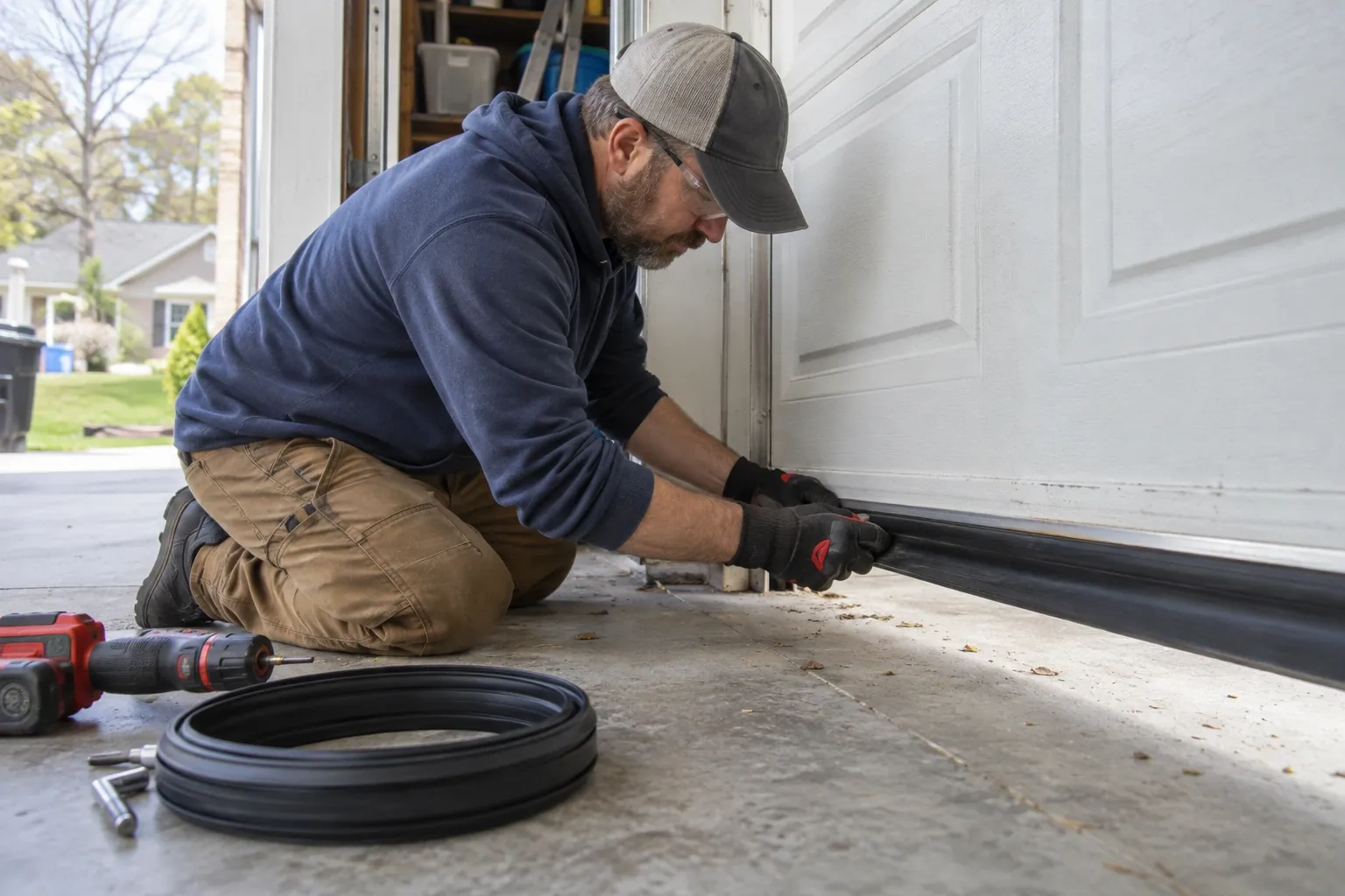 Kneeling technician pressing a black rubber seal along the base of a white garage door, with a coiled roll and drill beside.