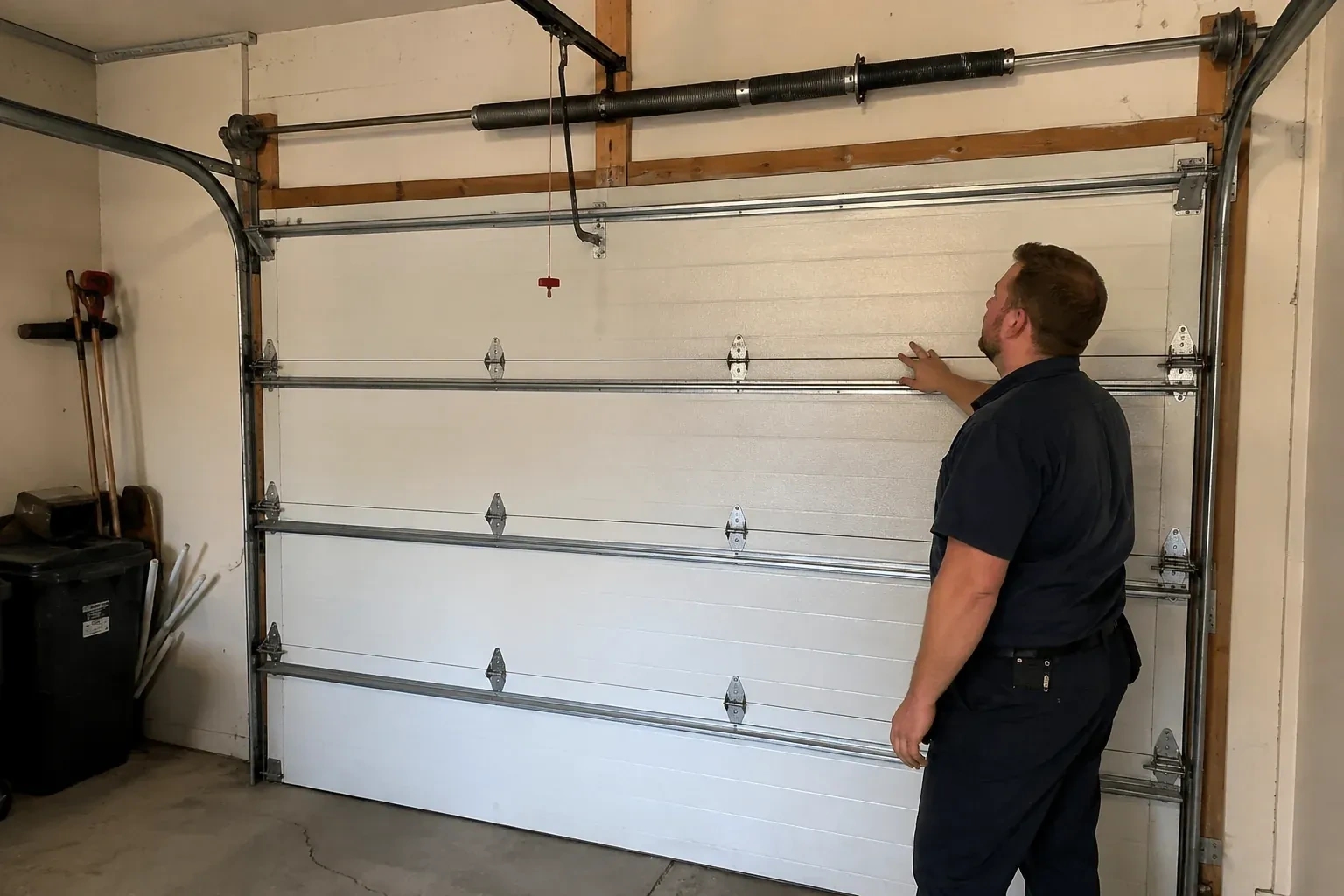 A person stands beside a closed sectional door beneath its overhead spring assembly. — Garage Door Balance Adjustment, Burlington