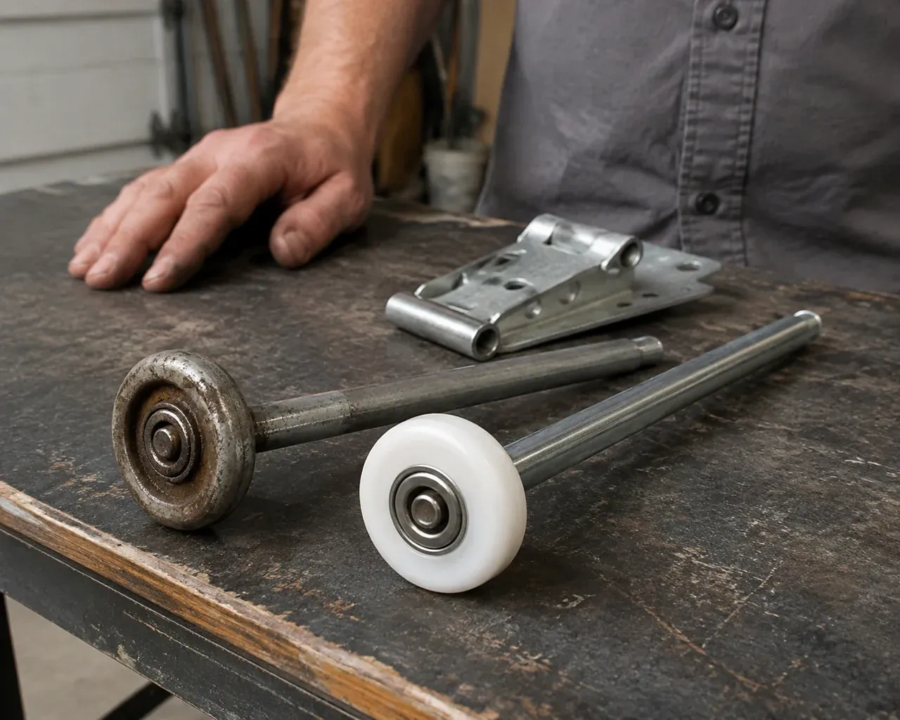 Steel and nylon garage-door rollers with long stems lie beside a detached hinge on a workbench. — Garage Door Roller Replacement, Burlington
