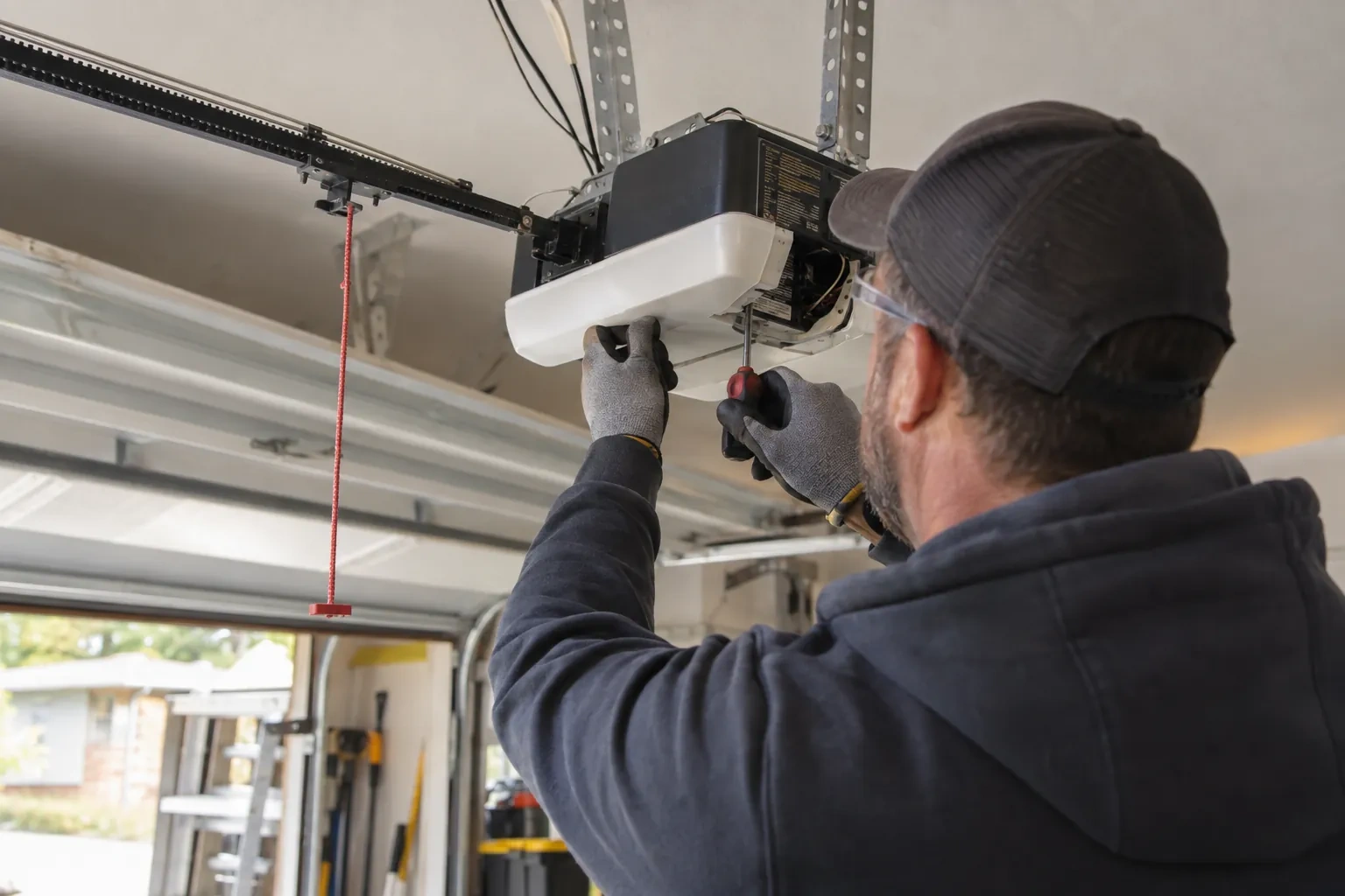 Technician in a mesh cap lifting the white cover of a ceiling opener while a red screwdriver points at the wiring inside. — Maple