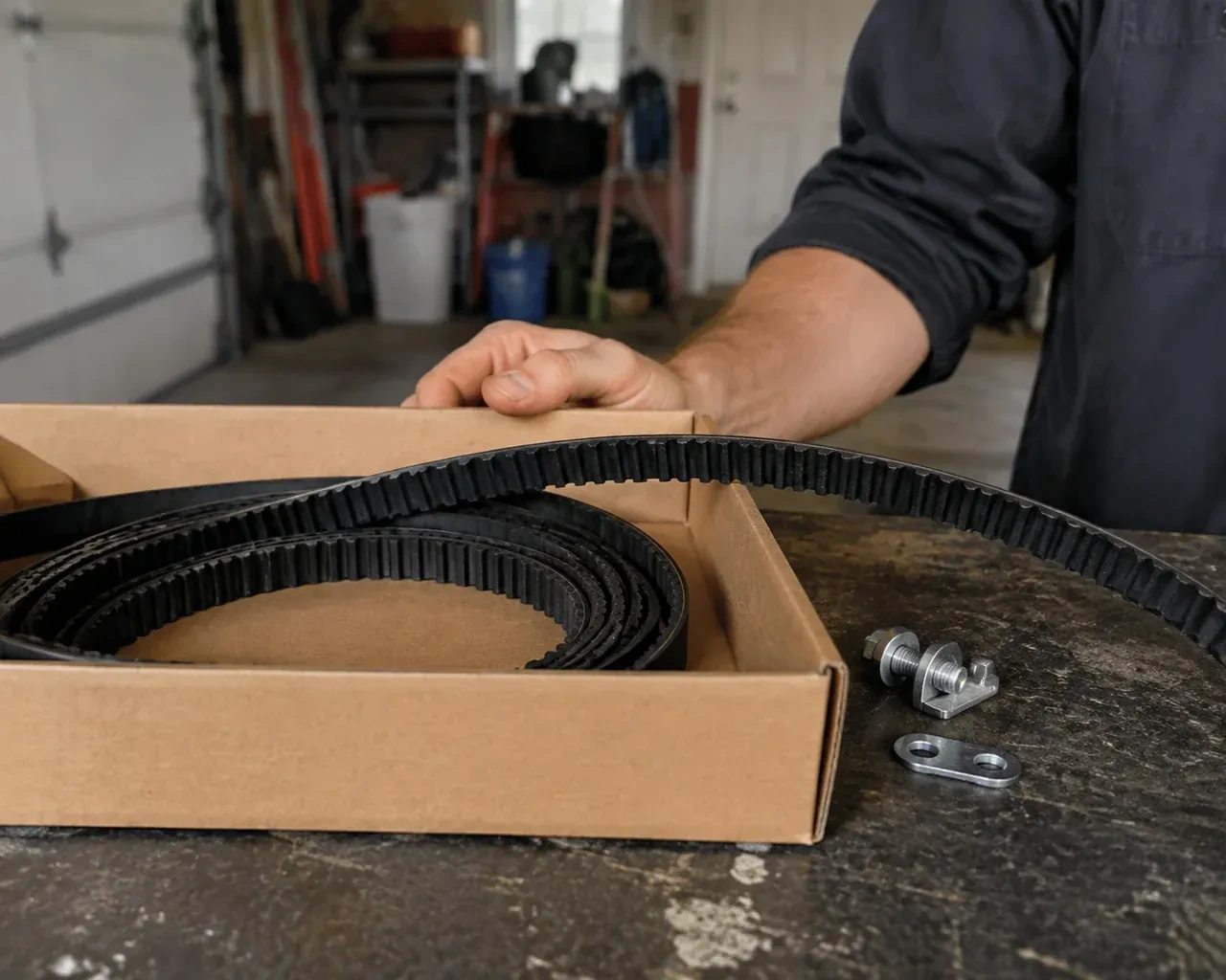 A toothed black drive belt lies in an open cardboard box beside small metal fittings on a garage workbench. — Belt-Drive Opener Repair, Indian Point