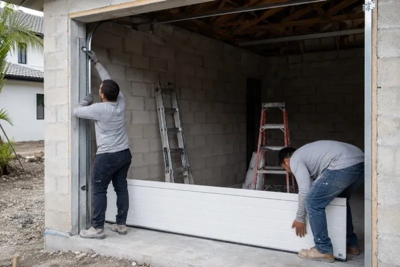 Two people positioning a white garage-door panel and side track in an unfinished masonry garage. — New-Construction Garage Door Installation, Burlington