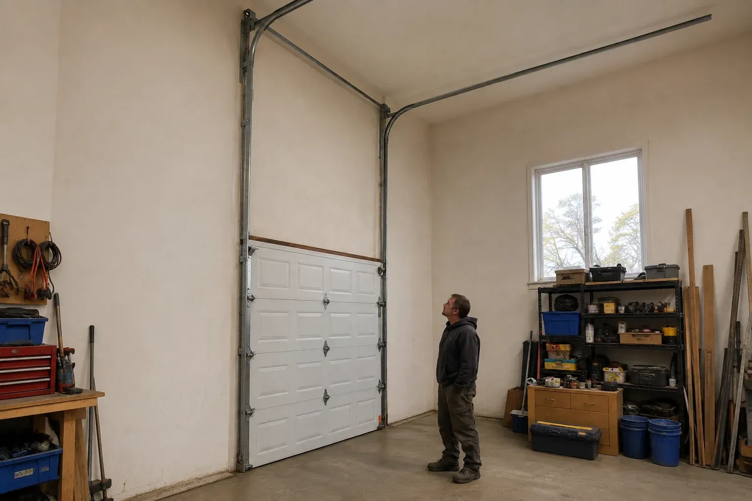 Vertical tracks extend above a closed garage door before curving near a high ceiling, while a person looks upward. — High-Lift Garage Door Conversion, Burlington
